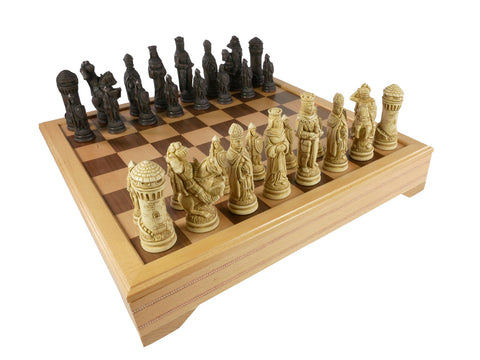 Chess Set - Resin Camelot Brown and Natural Pieces on Beechwood Chest
