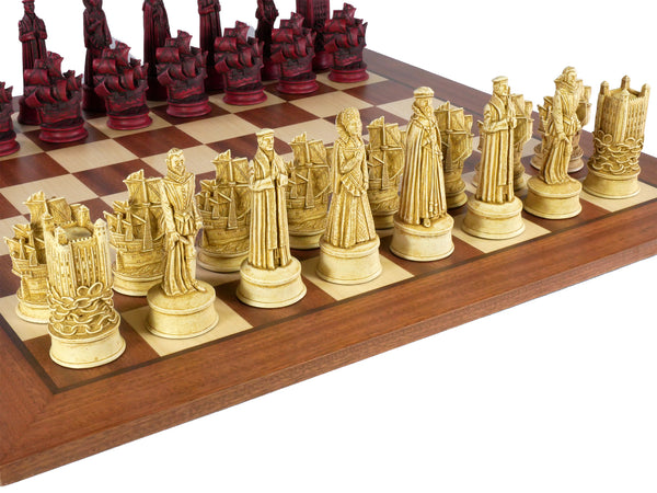 Chess Set - Resin - 5" Stained Red & Ivory Elizabethan Chess Pieces on Mahogany Chess Board