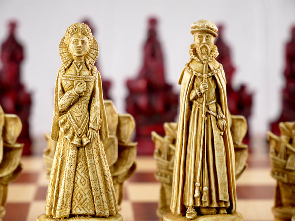Chess Set - Resin - 5" Stained Red & Ivory Elizabethan Chess Pieces on Mahogany Chess Board