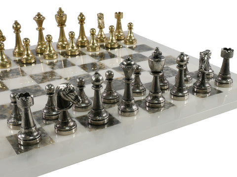 Chess Set - Staunton Metal Chess Pieces on Grey and White Alabaster Chess Board