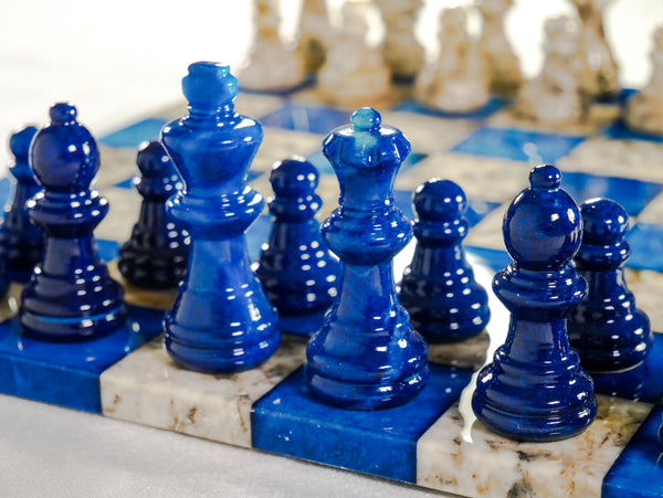 Blue and White Alabaster Chess Set, close up blue pieces