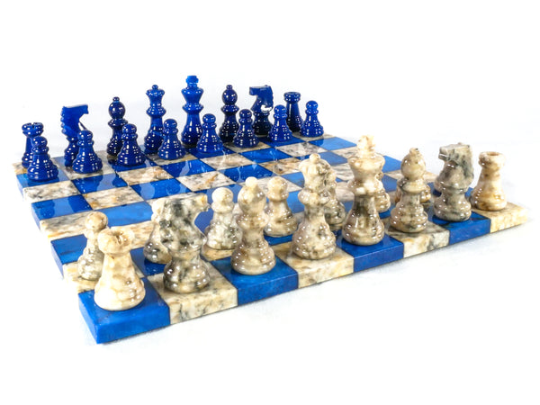 Blue and White Alabaster Chess Set