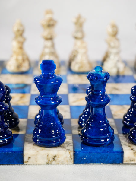 Blue and White Alabaster Chess Set, close up blue pieces