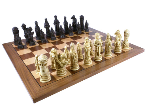 Chess Set - Resin Camelot Brown and Natural Pieces on Walnut & Maple Veneer