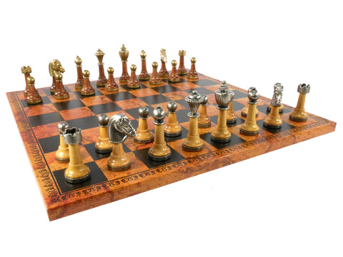 Chess Set - Small Staunton Wood and Metal Chessmen on Old Map Design