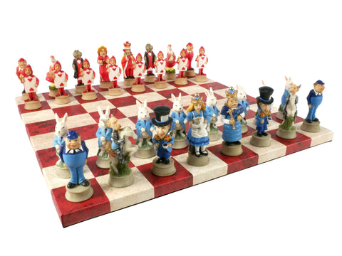 Chess Set - Alice in Wonderland Chessmen on Red & Cream Chess Board