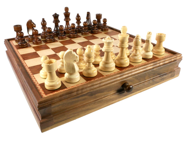 Chess set - Brown & Natural Boxwood German Knight Chessmen on Walnut Maple Chest