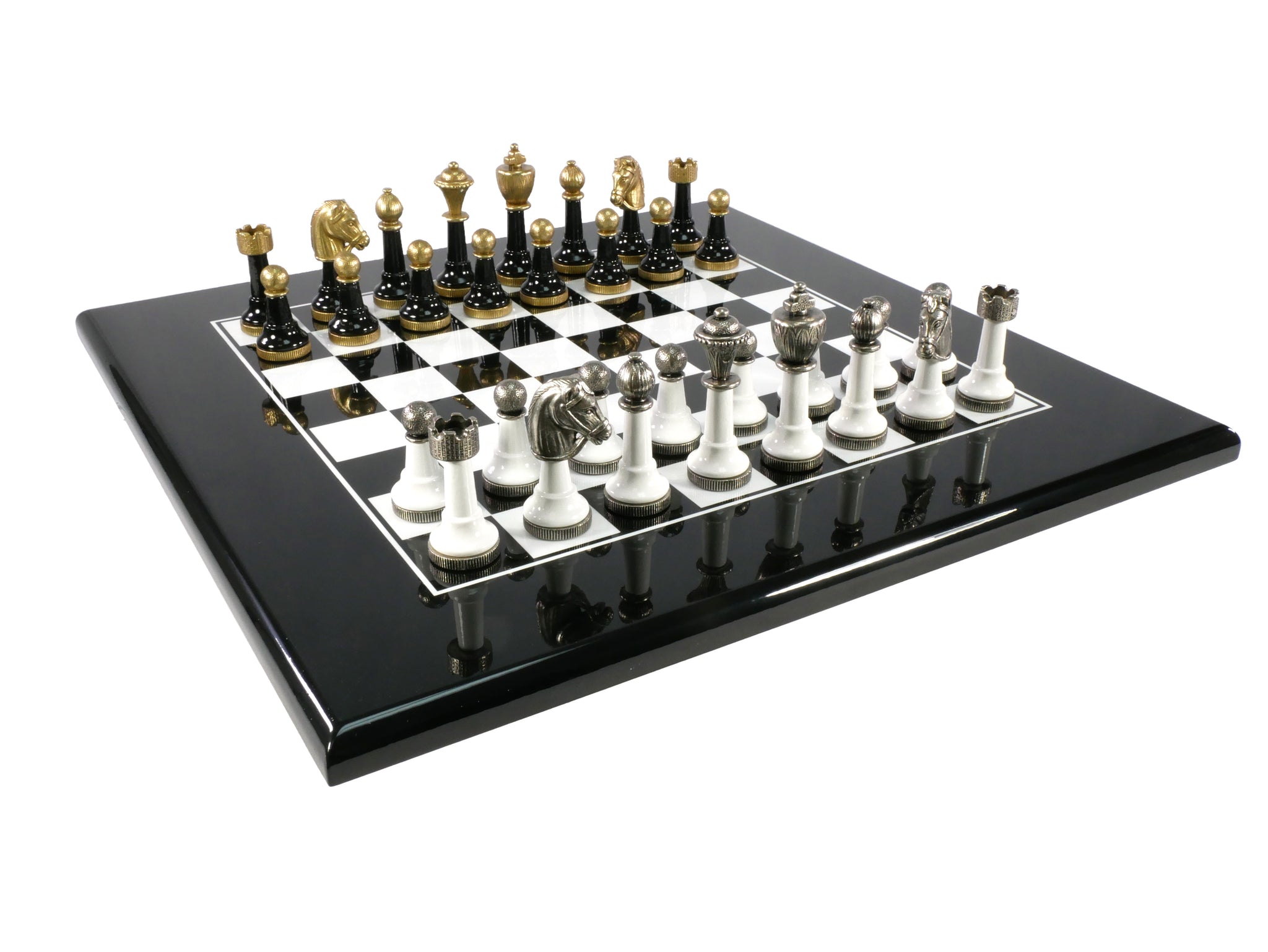 Chess Set - Black & White Wood Laquered and Metal Set