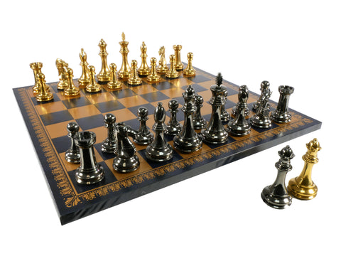 Chess Set - Brass Staunton Chessmen on Blue & Gold Leather Chess Board