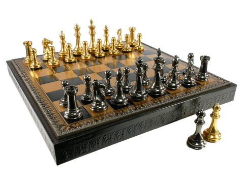 Chess Set - Solid Brass Double Queens Chessmen on 19" Black/Gold Faux Leather Chest