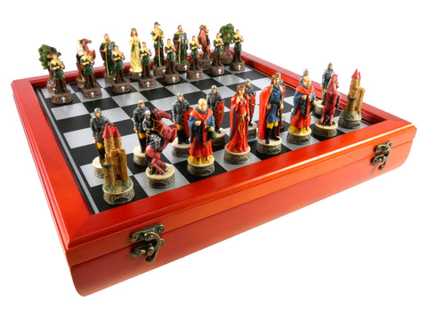 Chess Set -Robin Hood Resin Chessmen on Cherry Stained Chest