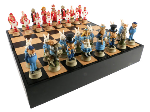 Alice in Wonderland Blue and Red Chess Set on storage chest.