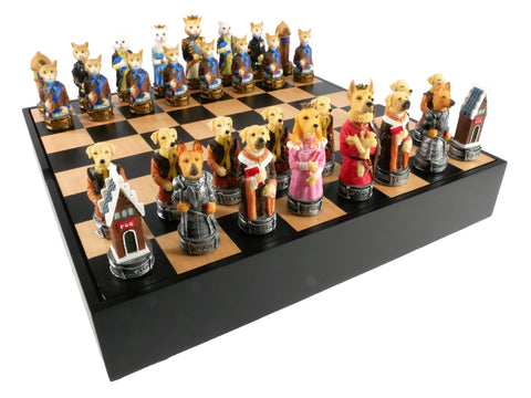 Chess Set - Cats & Dogs Resin Chessmen on Black/Maple Chest