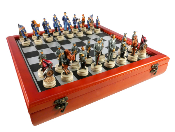 Chess Set - Civil War Resin Chessmen Generals on Cherry Stain Chest