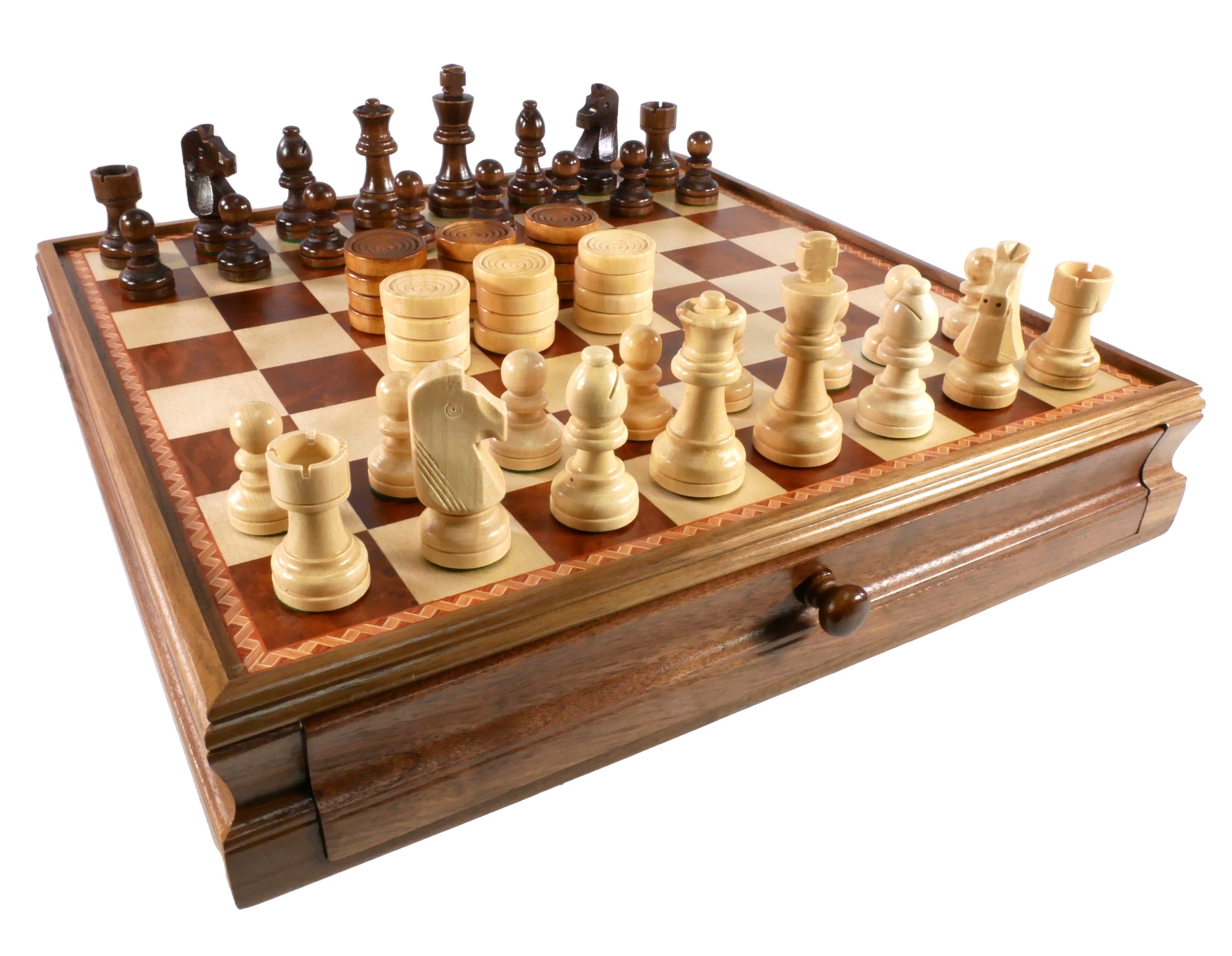 Combo Set - Walnut/Maple Wood Chest with Chess & Checkers
