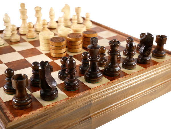 Combo Set - Walnut/Maple Wood Chest with Chess & Checkers