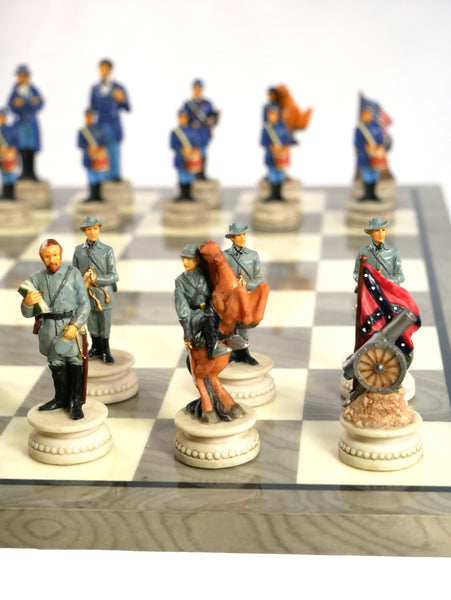 Chess Set - Civil War Resin Chess pieces Generals on Grey/Ivory Chess Board