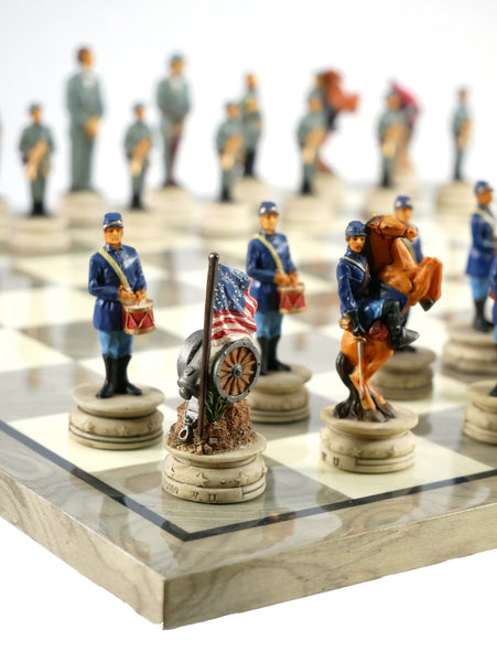 Chess Set - Civil War Resin Chess pieces Generals on Grey/Ivory Chess Board