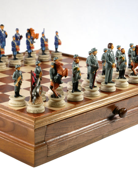Chess Set - Civil War Resin Chessmen on Walnut/Maple Chest