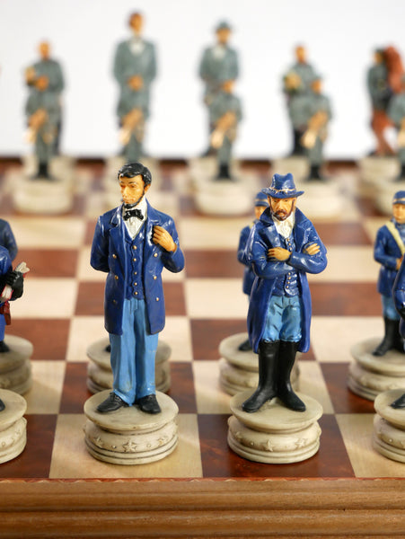 Chess Set - Civil War Resin Chessmen on Walnut/Maple Chest