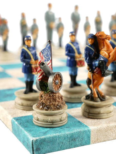 Chess Set - Civil War Chessmen on Turquoise & Cream Faux Leatherette Chess Board