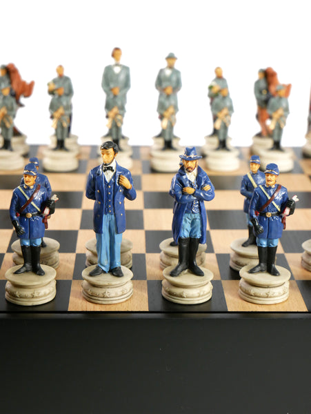 Chess Set - Civil War Resin Chessmen Generals on Black/Maple Chest
