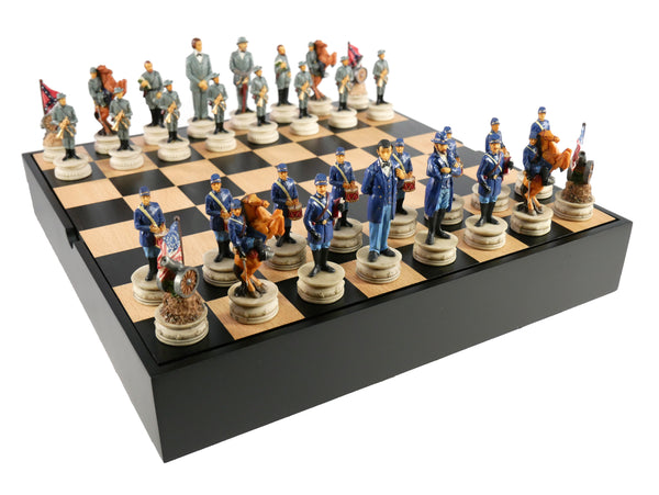 Chess Set - Civil War Resin Chessmen Generals on Black/Maple Chest