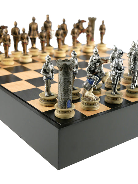 Chess Set - Knights in Armor Resin Chessmen on Black/Maple Chest