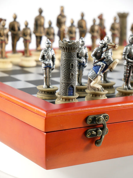 Chess Set - Armored Knights Chess Pieces on Cherry Chest
