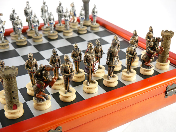 Chess Set - Armored Knights Chess Pieces on Cherry Chest