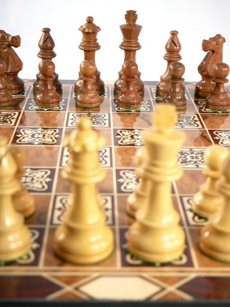 Chess Set - 3.75" Kikkerwood Lardy Chess Pieces on Marrakesh Design Decoupage Board