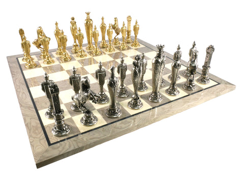 Chess Set - Renaissance Metal Chess pieces on Grey and White Chess Board