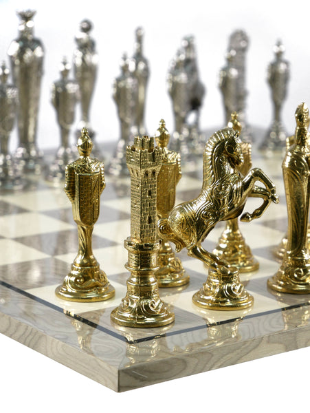 Chess Set - Renaissance Metal Chess pieces on Grey and White Chess Board