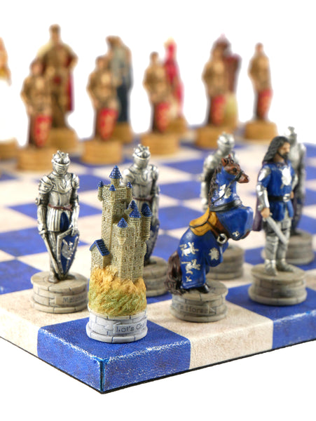 Chess Set - King Arthur Resin Chessmen on Blue & Cream Faux Leatherette Chess Board