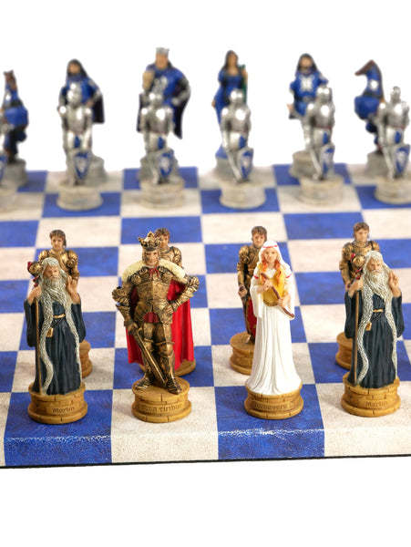 Chess Set - King Arthur Resin Chessmen on Blue & Cream Faux Leatherette Chess Board