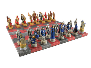 Chess Set - King Arthur Resin Chessmen on Red & Dusky Black Faux Leatherette Chess Board