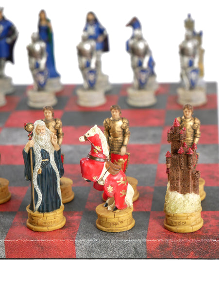 Chess Set - King Arthur Resin Chessmen on Red & Dusky Black Faux Leatherette Chess Board