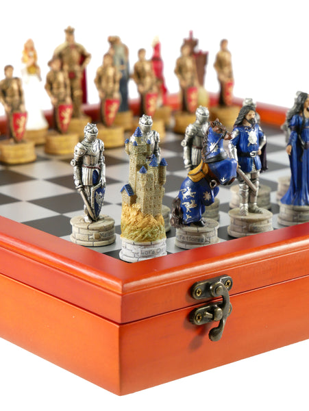 Chess Set - King Arthur Resin Chessmen on Cherry Chest
