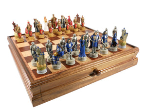 Chess Set - King Arthur Painted Resin on 15" Walnut/Maple Chest
