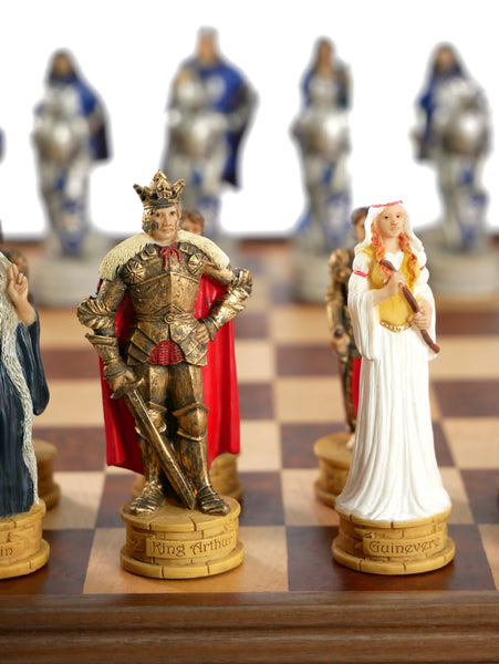 Chess Set - King Arthur Painted Resin on 15" Walnut/Maple Chest