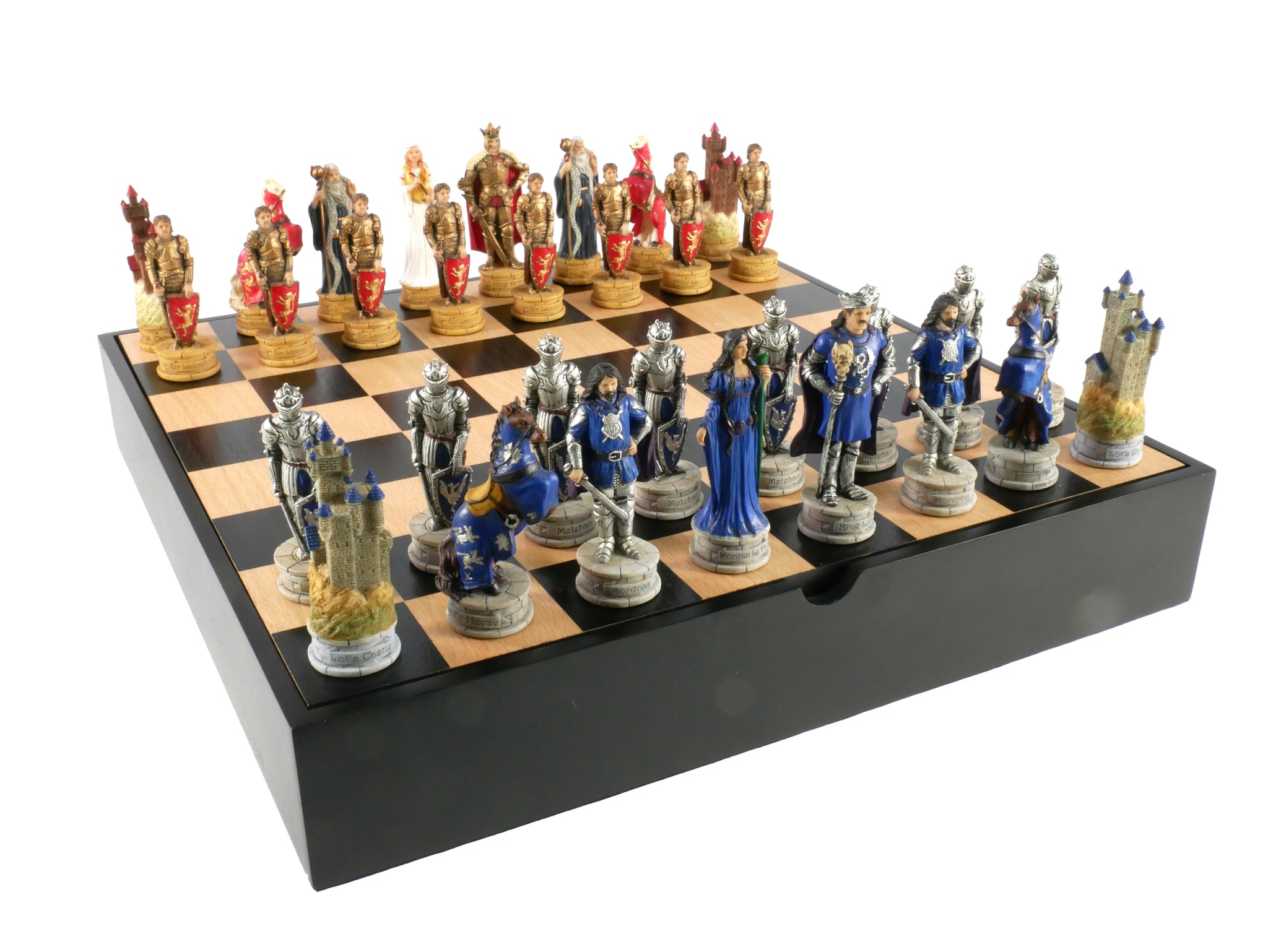 Chess Set - King Arthur Resin Chessmen in Black/Maple Chest