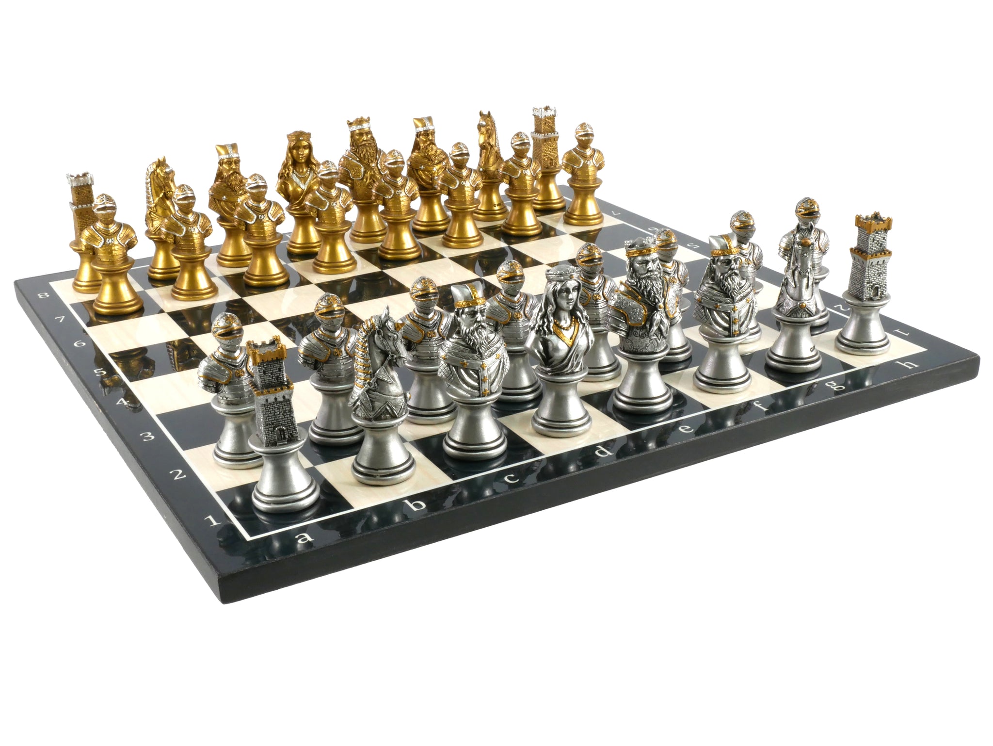 Chess Set - Resin Camelot Busts on Black/White Alpha Numeric Decoupage Chess Board