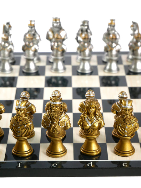 Chess Set - Resin Camelot Busts on Black/White Alpha Numeric Decoupage Chess Board