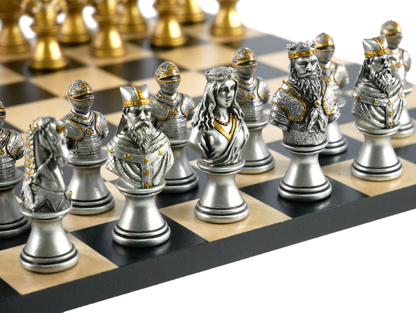 Chess Set - Camelot Gold/Silver on Black/Maple Board