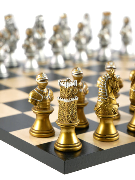 Chess Set - Camelot Gold/Silver on Black/Maple Board