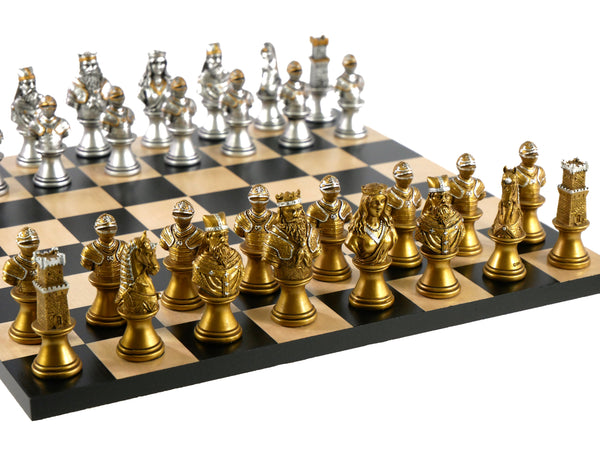 Chess Set - Camelot Gold/Silver on Black/Maple Board