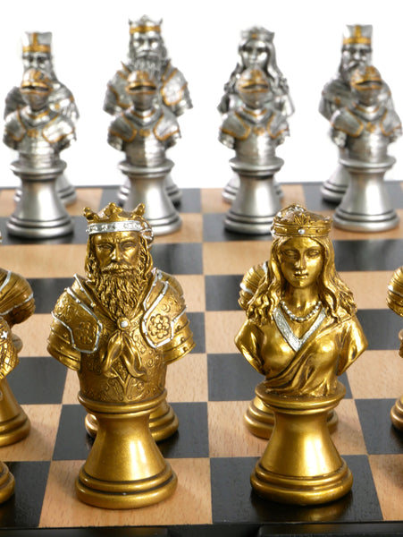 Chess Set - Camelot Gold & Silver Chessmen on Maple Chest