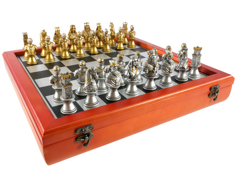 Chess Set - Camelot Gold & Silver Chessmen on Cherry Chest