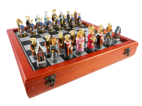 Chess Set - Cats & Dogs Resin Men on Cherry Stained Chest