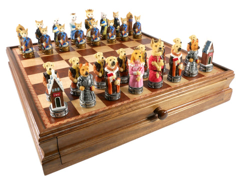 Chess Set - Cats & Dogs Resin Chessmen on Walnut Maple Chest